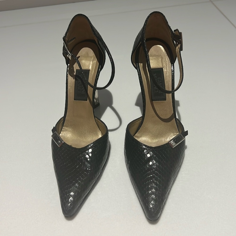 Gianni Versace black snakeskin pumps with ankle strap